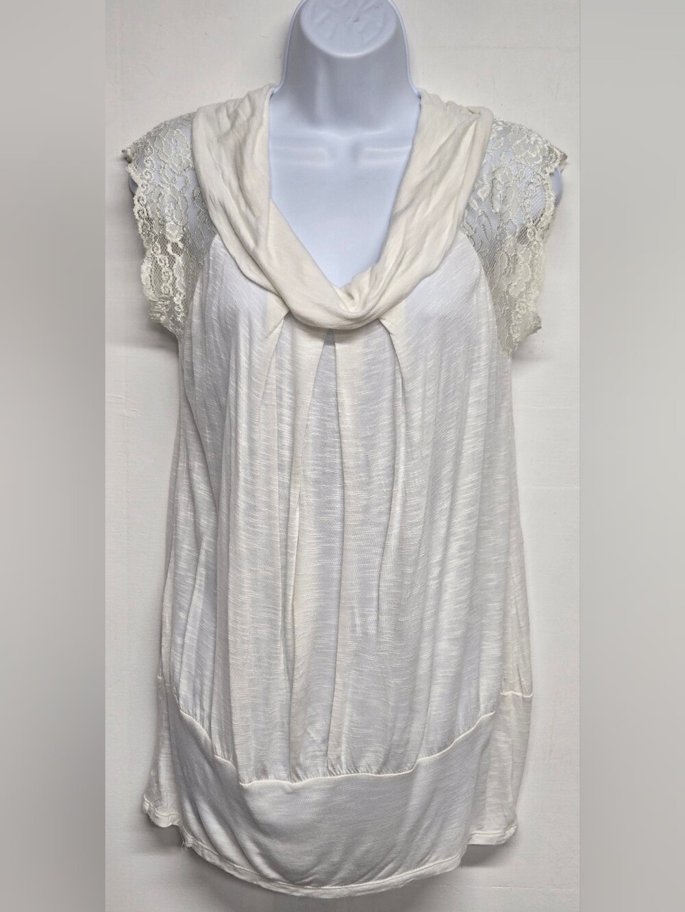 Bluheaven S Top Rayon Stretch White Short Lace Sleeves Pleated Tunic Length